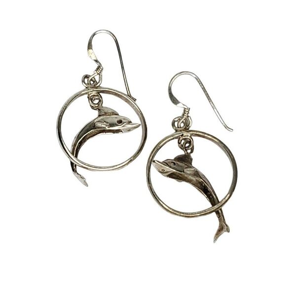 Sterling Silver Dangle Dolphin Hoop Earrings 1" - Picture 2 of 3